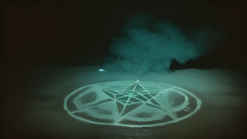 A chalk pentacle drawn on a stone floor, candlelight raking across the lines