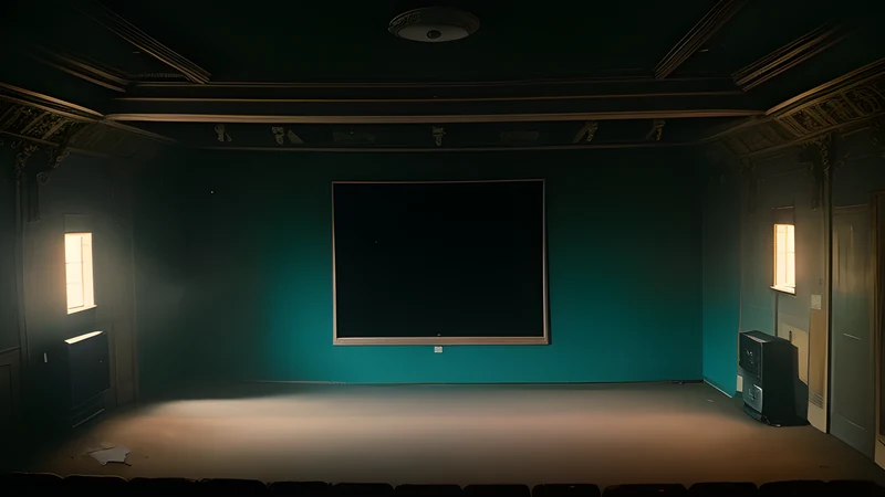Repertory cinema poster in teal and amber: one silhouette facing its own identical reflection across a smoke-filled projector beam.