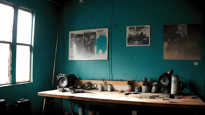 A cluttered loft studio lit by a bare bulb, an unfinished canvas of a buffalo, teal and amber smoke in projector light