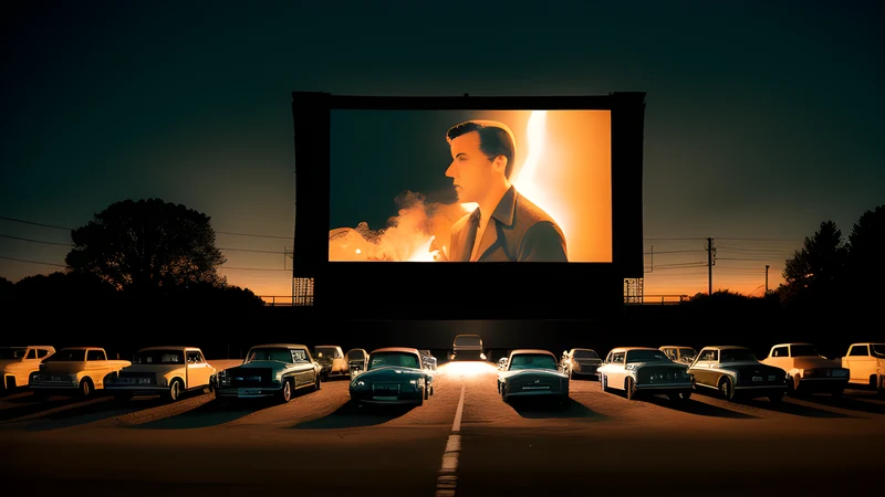 Rows of parked cars facing a lit outdoor screen at dusk, teal and amber, projector beam in the haze