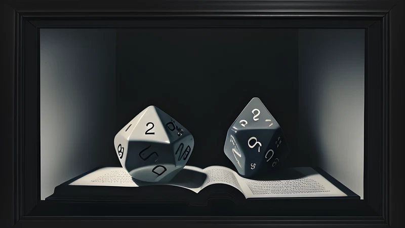Scattered polyhedral dice and an open rulebook lit from above, a looming pulpit shadow falling across the page