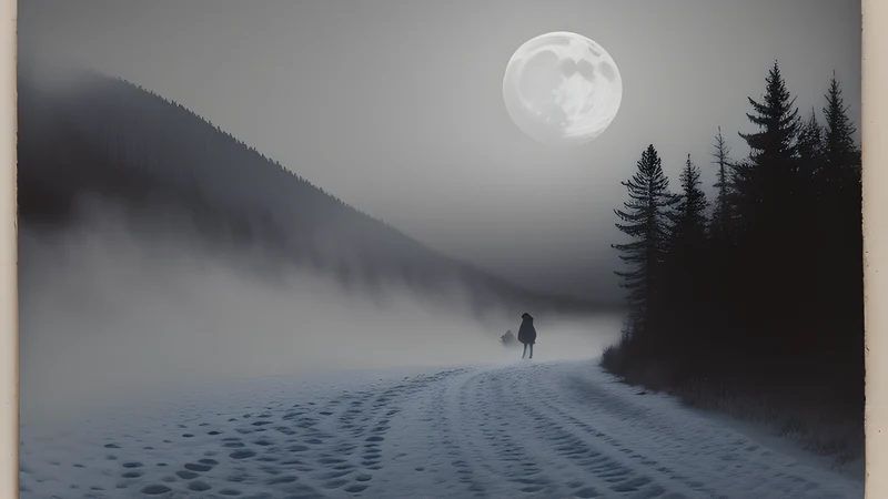 A snow-buried tent slit open on a moonlit Ural slope, faint footprints leading into darkness
