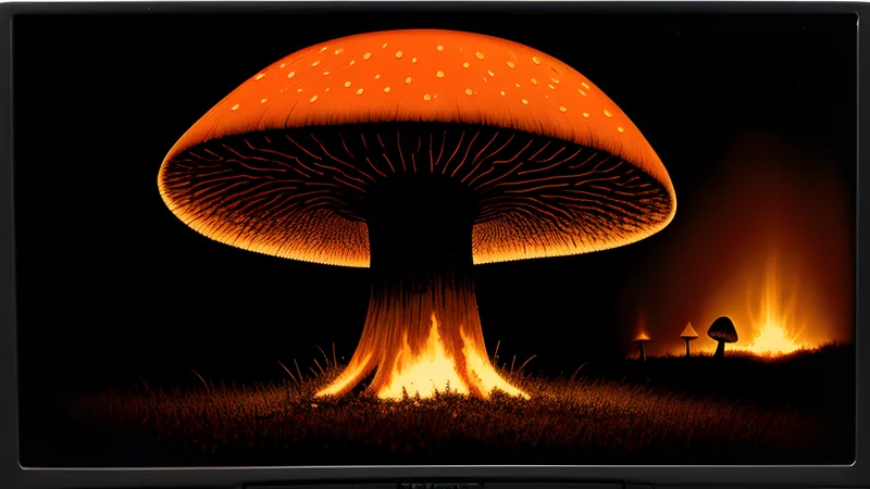 An alien mushroom-forest silhouette under an ash-grey volcanic sky, CRT amber glow