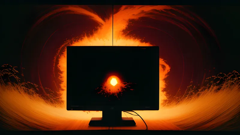 A swirling amber portal tearing open above a peaceful green valley, CRT phosphor glow