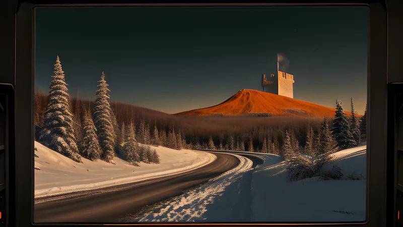A snow-capped mountain path winding toward a distant glowing keep, CRT amber glow