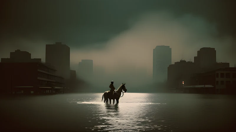 A sepia flooded city at night with a horse standing in the standing water