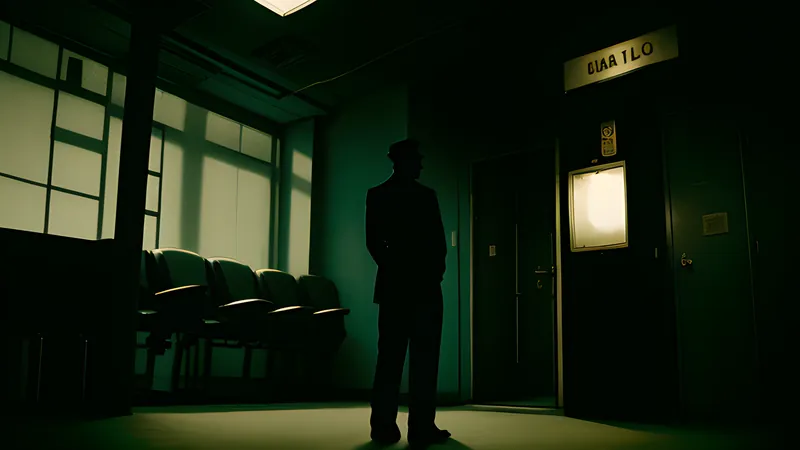 A hospital lift interior, doors part-open, holding indistinct figures that should not be there
