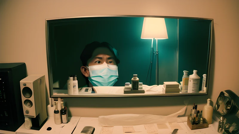 A blank featureless mask floating in a glass-walled room, repertory cinema poster in teal and amber with projector light through smoke