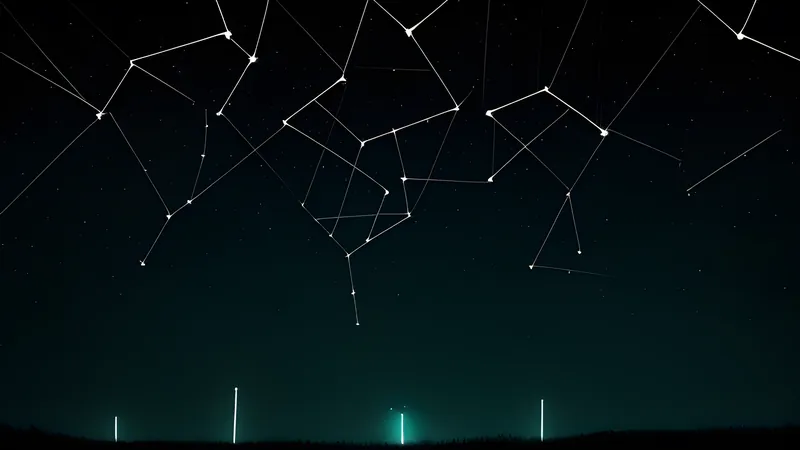 A scattered constellation of small glowing linked nodes echoing an old-fashioned web shape in the dark