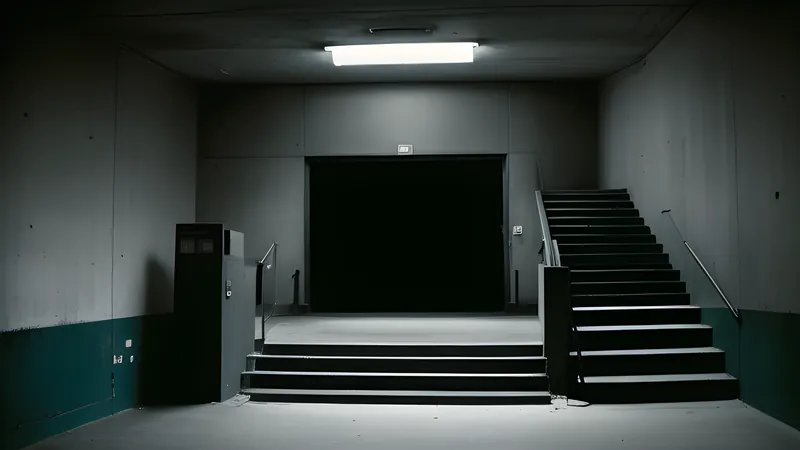 A brutalist concrete stair in hard shadow, teal and amber repertory-poster lighting