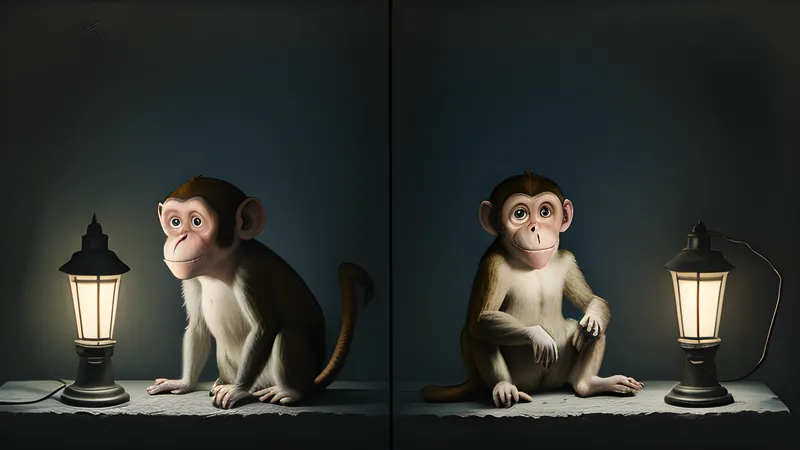 A grotesque stitched monkey-and-fish taxidermy mermaid under a showman's lamplight