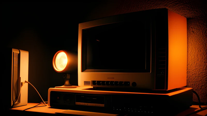A videotape spooling ribbons of light onto a dark wall, lit in CRT orange and amber.