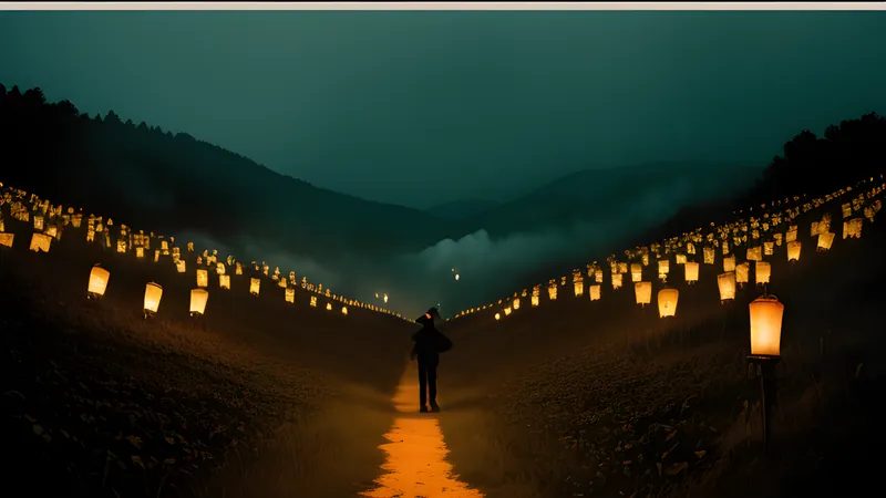 A masked procession carrying lanterns across a hillside at the edge of harvest