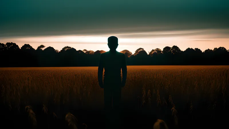 A straw effigy standing in a foreign field at dusk under a wide pale sky