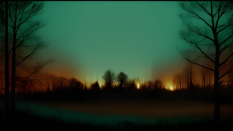 A camcorder viewfinder glow lighting bare trees, with timecode burn-in and static