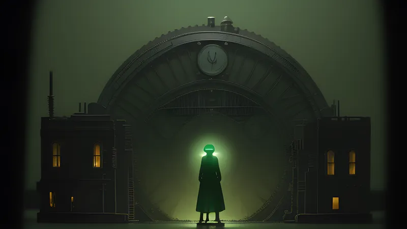 A small glowing figure straining beneath an oversized ornate machine built for a much larger distant structure