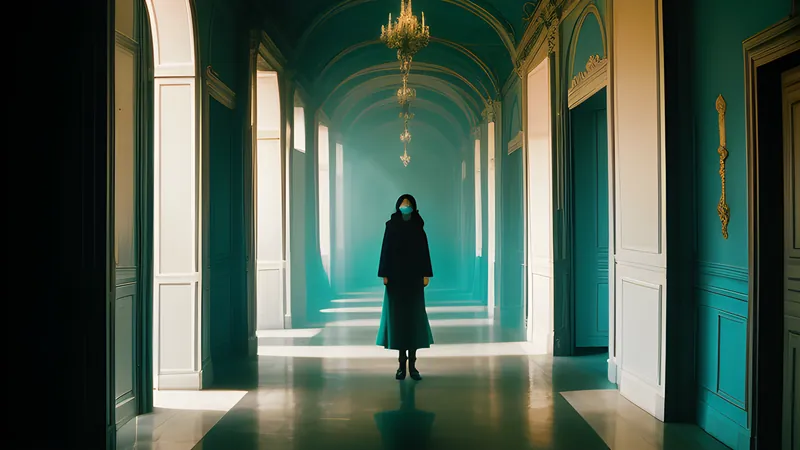 A porcelain expressionless mask floating in a mirrored corridor of a Paris chateau, teal and amber light through smoke