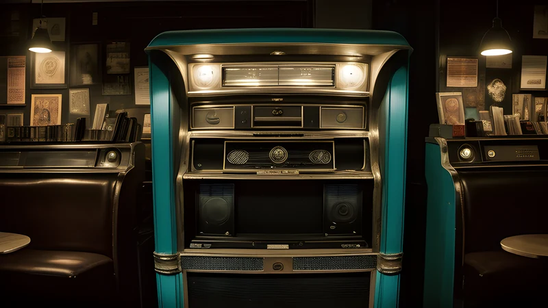 A Paris cinema doorway papered with faded American crime posters, teal and amber, projector light through smoke