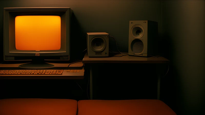 An empty wooden chair in a warmly lit room, amber phosphor glow and heavy grain