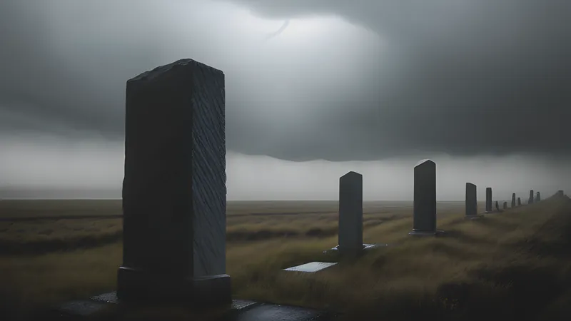 Tall carved granite monument slabs standing in an empty Georgia field under storm light, with distant figures approaching