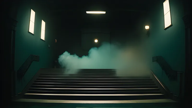 A crooked painted staircase throwing jagged angular shadows across a silent-film set