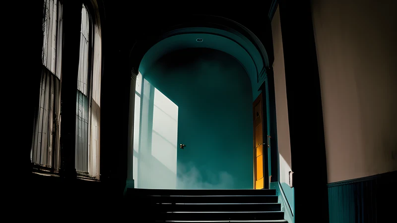 A jagged painted shadow climbing a crooked wall, teal and amber, projector light through smoke