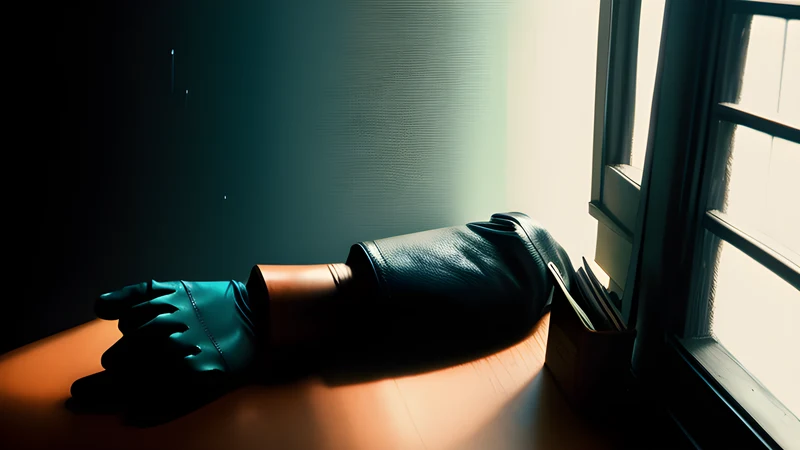 A black-gloved hand and a straight razor lit in teal and amber, projector light cutting through smoke