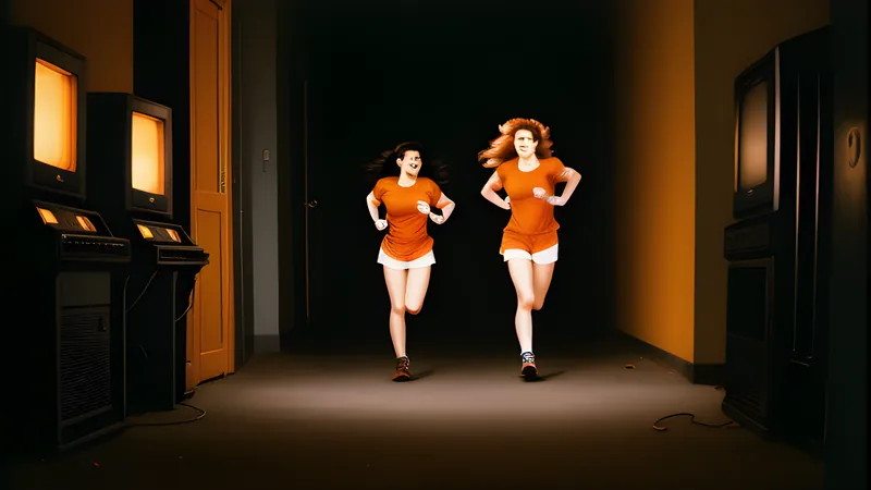 Two sisters mid-leap through a bright, dreamlike platform world glowing with warm phosphor light