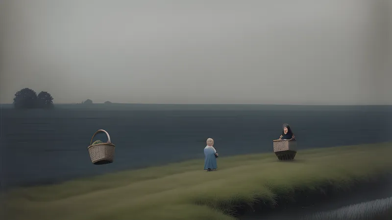 Two pale children with a greenish cast emerging from a medieval field ditch beside abandoned harvest baskets