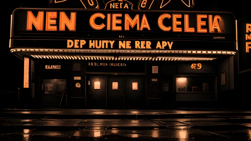 A peeling 42nd Street cinema marquee at night with rain on cracked pavement