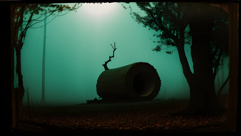 A dark wood at dusk with a hollow tree trunk leaking black sap