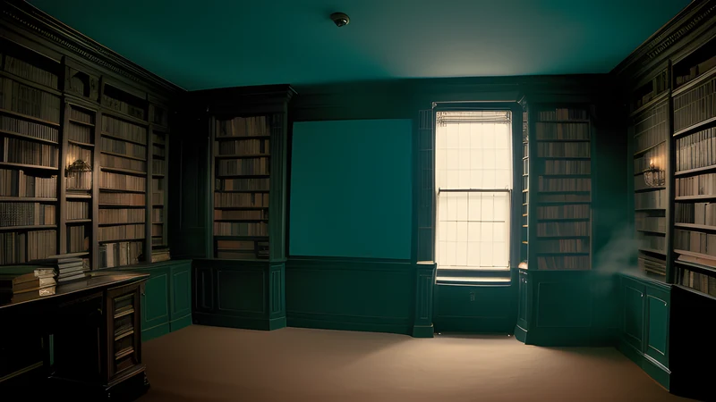 A shadowed mansion library with a small brass bell on a table, lit by amber lamplight