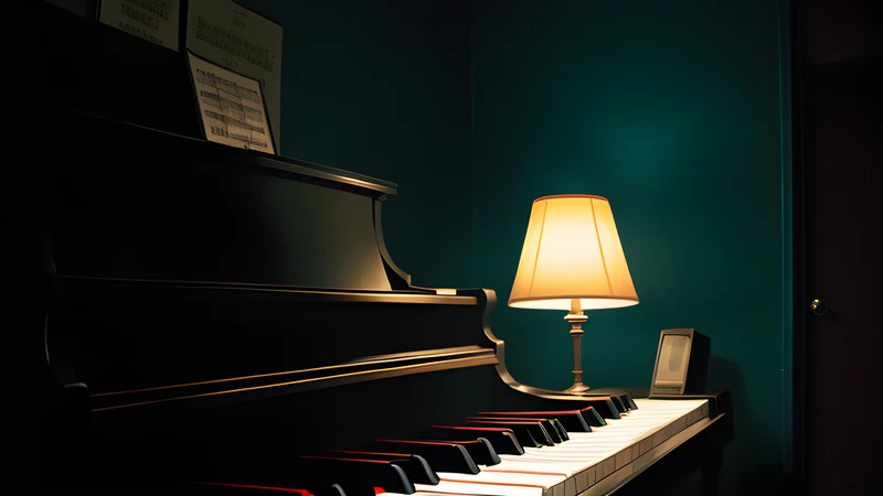 A piano keyboard lit by a single lamp with a pair of hands hovering above the keys