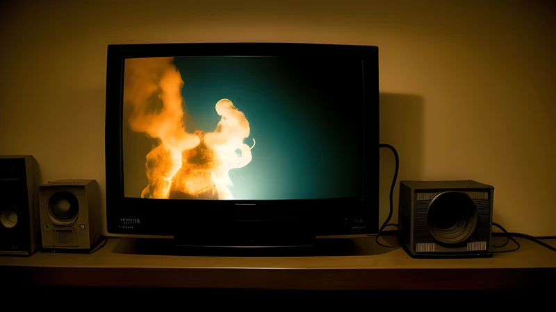 Repertory cinema poster in teal and amber: a cathode-ray screen glowing in a dark room, projector light and static bleeding into smoke.