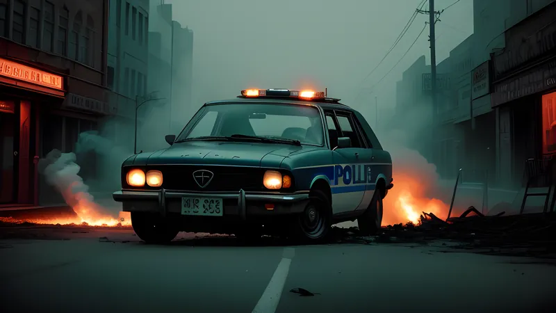 A wrecked police car in an empty city street with a smear of light across the frame