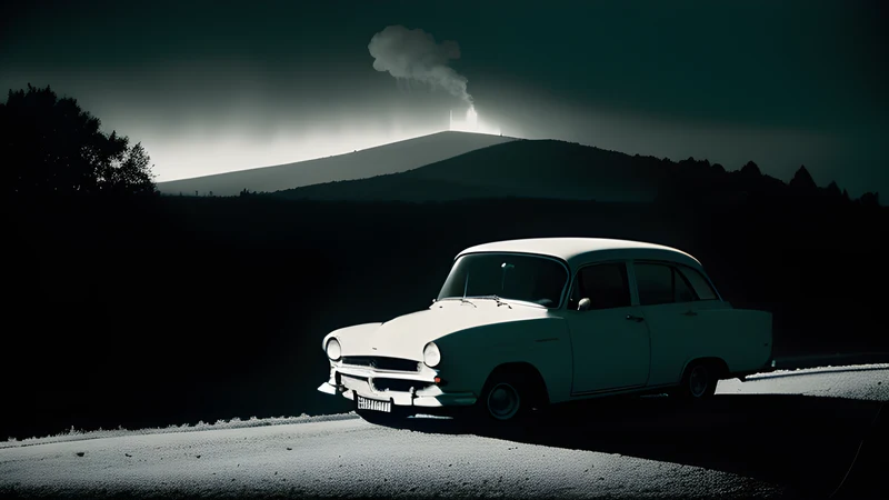 A dry, sunlit plain with a single white car stopped on the road