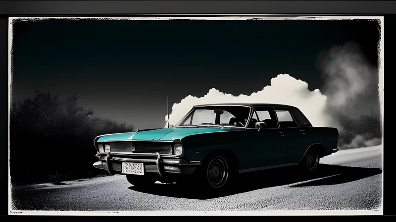 A desert road stretching into scrubland, a parked car and a rifle propped against it