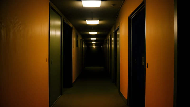 A narrow corridor lit by one guttering torch, amber phosphor bloom swallowing the far end