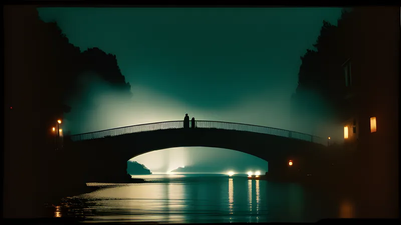 A wide river bridge at dusk with a dark shape moving beneath the water