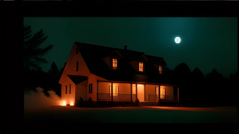A remote farmhouse under a full moon, a cassette player sitting on the porch