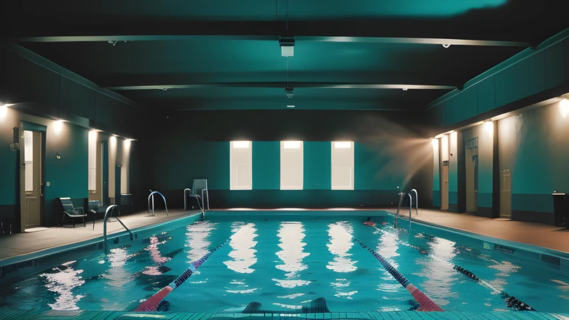 A swimming pool at night lit from below, a walking stick lying on the wet tiles at the edge