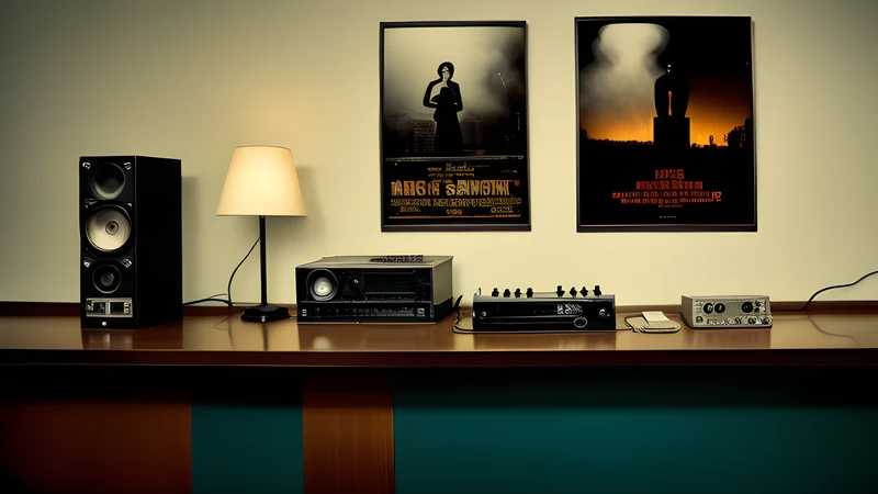 A dim hotel front desk at night with a reel-to-reel recorder running beside the bell