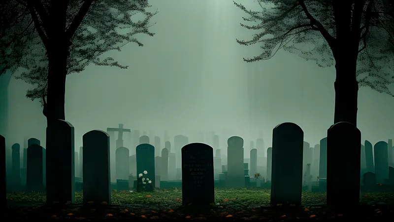 Repertory poster art of a vast cemetery of crooked headstones under a low grey sky with a single iron rose in the foreground, teal and amber, projector light through smoke