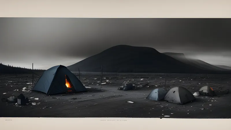 A cold Norwegian valley with scattered anonymous belongings near a burned patch of ground