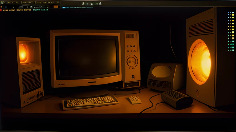 An isometric room grid receding into darkness under amber CRT glow, scanlines across the phosphor bloom