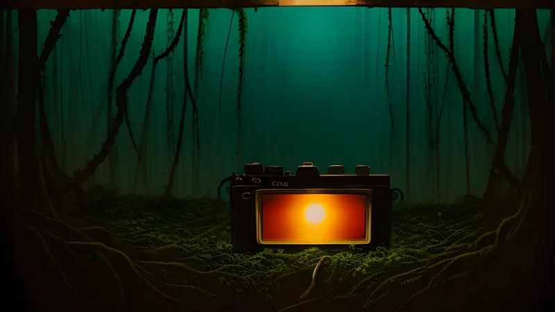 A rusting 16mm camera swallowed by jungle vines in humid green gloom, shot like a repertory poster