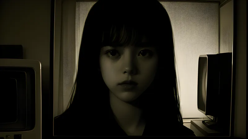 Long black hair spilling from a dead television screen in a damp tatami room