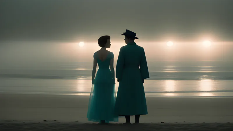 Two pale figures in translucent gowns standing on a fog-covered Normandy beach at dawn, teal and amber repertory poster
