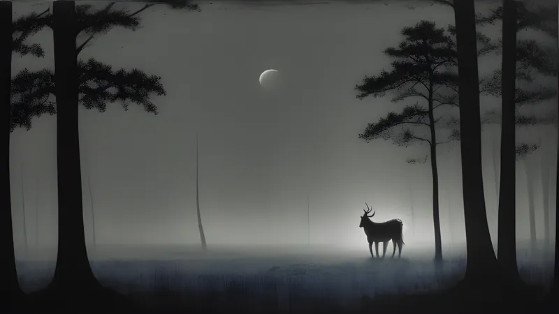 A winged, hoofed silhouette rising over the moonlit New Jersey Pine Barrens amid swamp mist