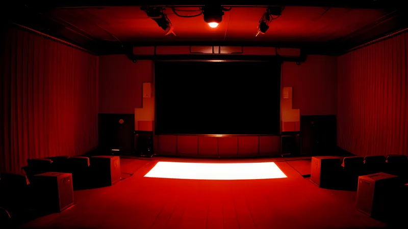 A zoom lens flaring over an empty Spanish nightclub stage lit in smoky red, teal and amber grain